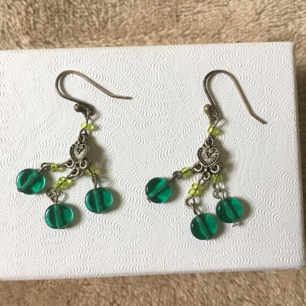 Antique silver and green beaded heart earrings